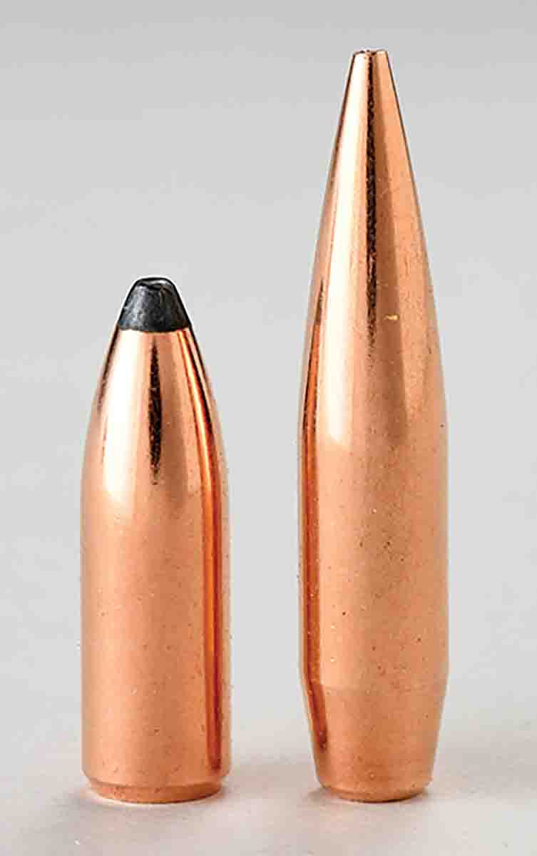 A 60-grain, .22-caliber bullet was once considered heavy for the caliber. The .22-caliber Nosler 60-grain Partition (left) is designed with a profile to reduce its length and to stabilize with standard rifling twists. A Berger 80-grain VLD (right) is much longer and streamlined for the newest cartridges and ultra-fast twist rates.